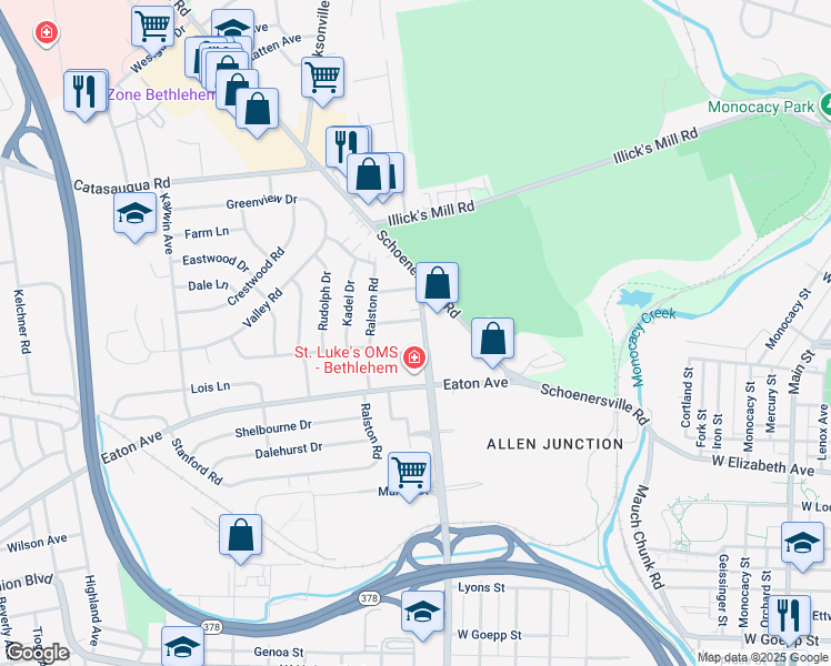 map of restaurants, bars, coffee shops, grocery stores, and more near 1541 8th Avenue in Bethlehem