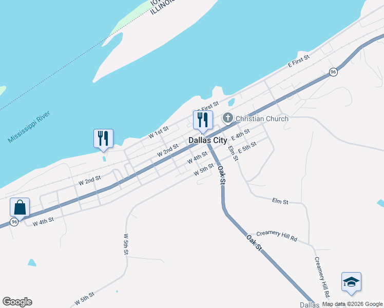 map of restaurants, bars, coffee shops, grocery stores, and more near Cedar Street in Dallas City