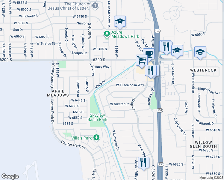 map of restaurants, bars, coffee shops, grocery stores, and more near 3890 West Lewisport Drive in West Jordan