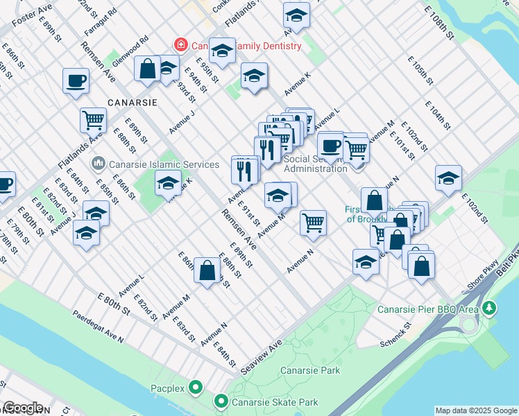 map of restaurants, bars, coffee shops, grocery stores, and more near 1500 East 92nd Street in Brooklyn