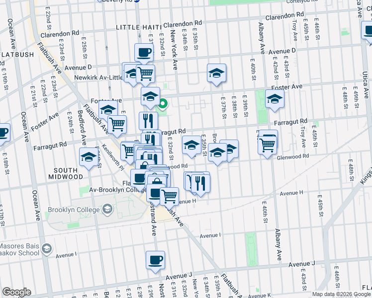 map of restaurants, bars, coffee shops, grocery stores, and more near 871 East 34th Street in Brooklyn