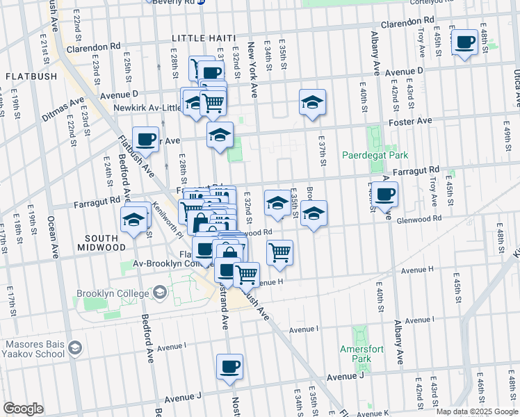 map of restaurants, bars, coffee shops, grocery stores, and more near 653 East 32nd Street in Brooklyn