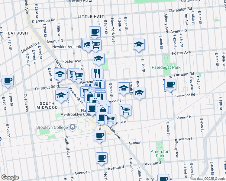 map of restaurants, bars, coffee shops, grocery stores, and more near 653 East 32nd Street in Brooklyn