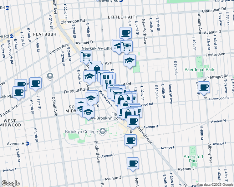 map of restaurants, bars, coffee shops, grocery stores, and more near 1466 Flatbush Avenue in Brooklyn