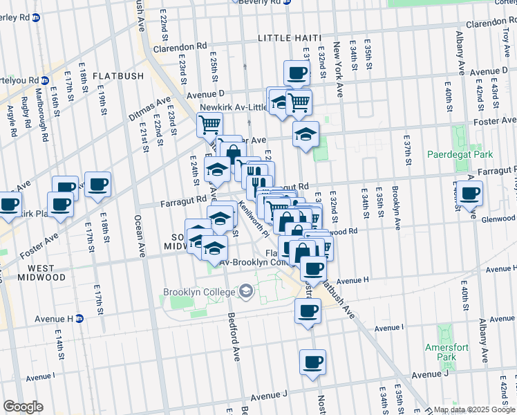 map of restaurants, bars, coffee shops, grocery stores, and more near 1466 Flatbush Avenue in Brooklyn