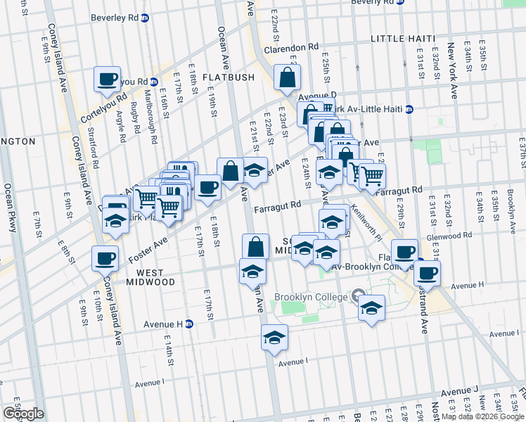 map of restaurants, bars, coffee shops, grocery stores, and more near 762 East 21st Street in Brooklyn