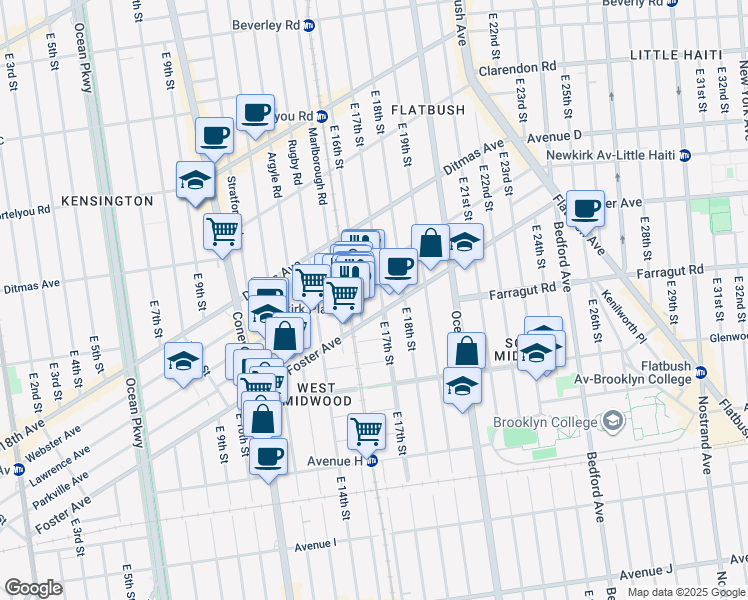map of restaurants, bars, coffee shops, grocery stores, and more near 1611 Foster Avenue in Brooklyn