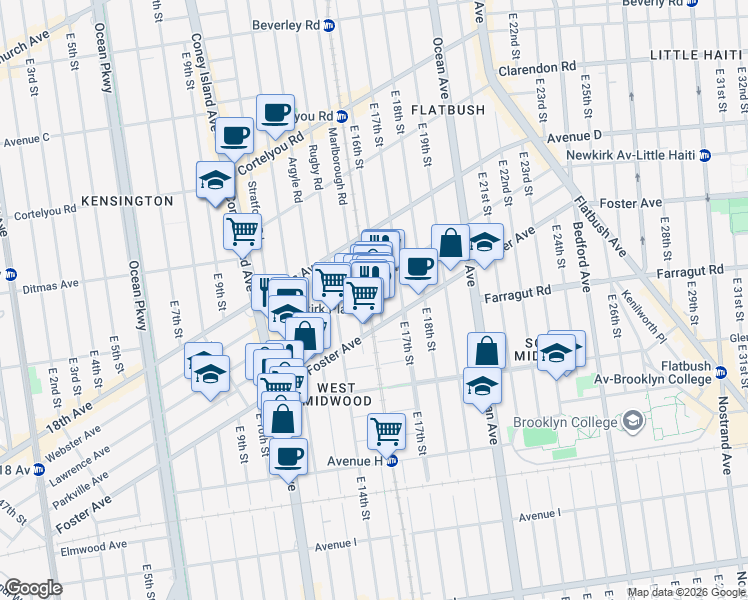 map of restaurants, bars, coffee shops, grocery stores, and more near 1611 Foster Avenue in Brooklyn