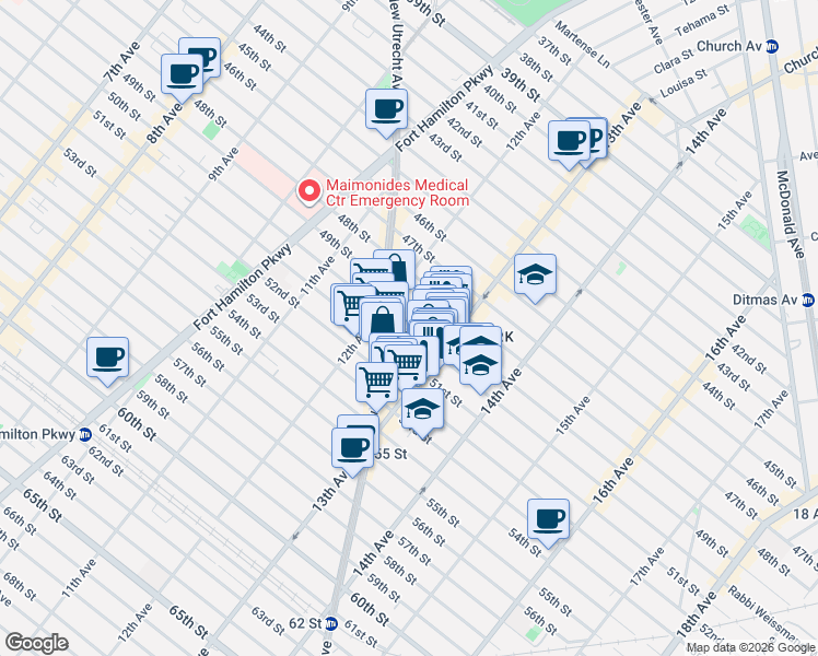 map of restaurants, bars, coffee shops, grocery stores, and more near 1255 50th Street in Brooklyn