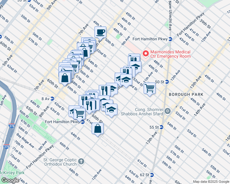 map of restaurants, bars, coffee shops, grocery stores, and more near 5521 Fort Hamilton Parkway in Brooklyn