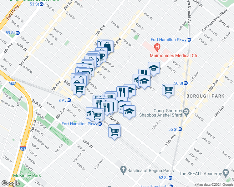 map of restaurants, bars, coffee shops, grocery stores, and more near 959 57th Street in Brooklyn