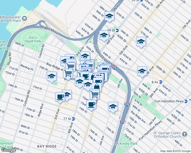 map of restaurants, bars, coffee shops, grocery stores, and more near 437 68th Street in Brooklyn
