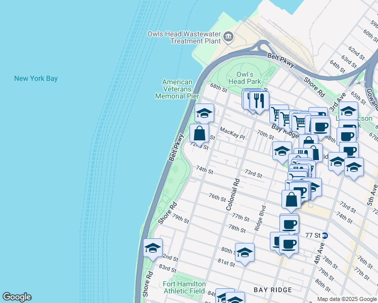 map of restaurants, bars, coffee shops, grocery stores, and more near 7243 Shore Road in Brooklyn