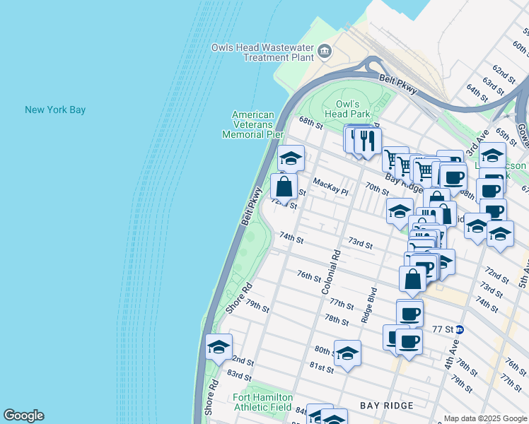 map of restaurants, bars, coffee shops, grocery stores, and more near 7243 Shore Road in Brooklyn