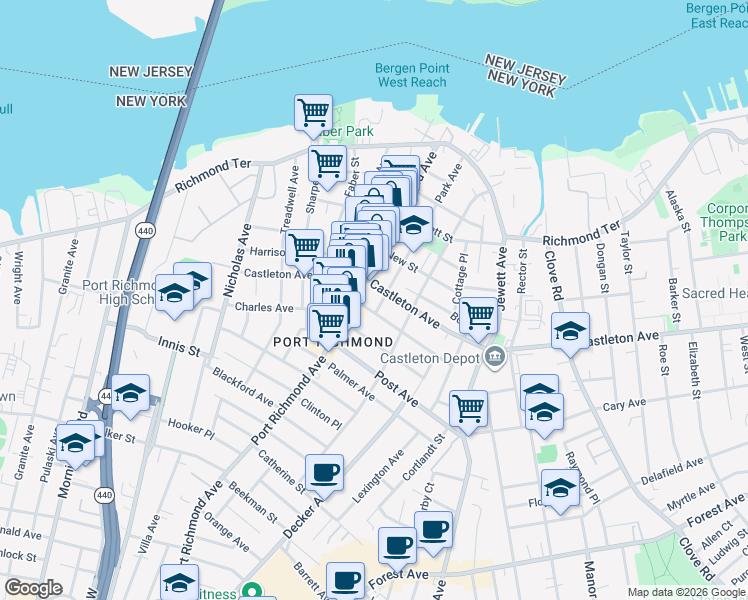 map of restaurants, bars, coffee shops, grocery stores, and more near 1546 Castleton Avenue in Staten Island