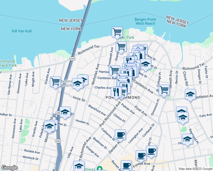 map of restaurants, bars, coffee shops, grocery stores, and more near 226 Charles Avenue in Staten Island