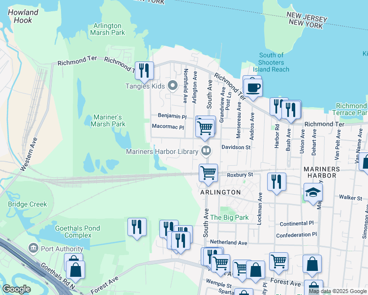 map of restaurants, bars, coffee shops, grocery stores, and more near 187B Alexander Way in Staten Island