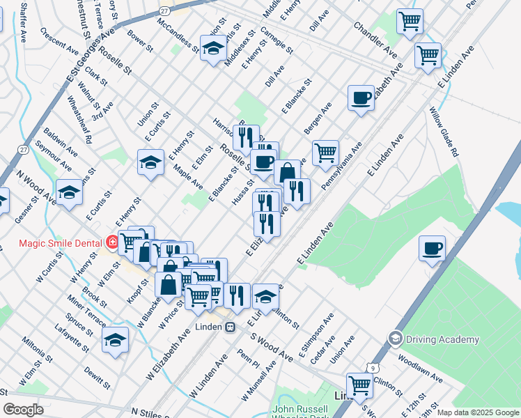 map of restaurants, bars, coffee shops, grocery stores, and more near 532 Ziegler Avenue in Linden