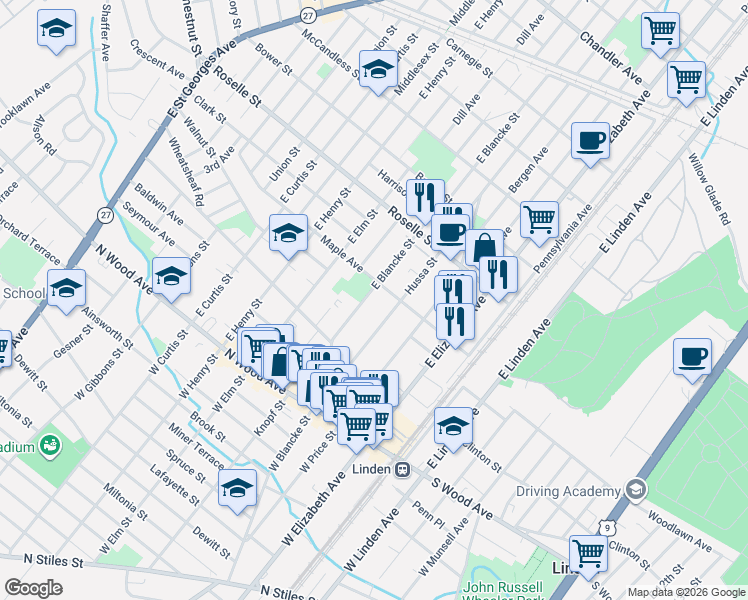 map of restaurants, bars, coffee shops, grocery stores, and more near 409 Hussa Street in Linden