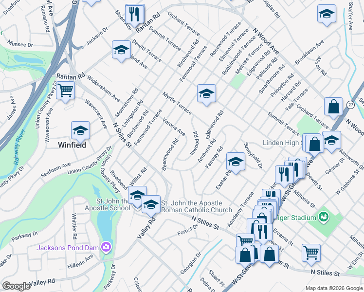 map of restaurants, bars, coffee shops, grocery stores, and more near 1919 Verona Avenue in Linden