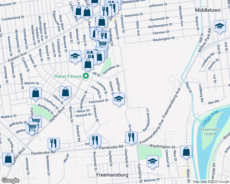 map of restaurants, bars, coffee shops, grocery stores, and more near 1528 Elayne Street in Bethlehem