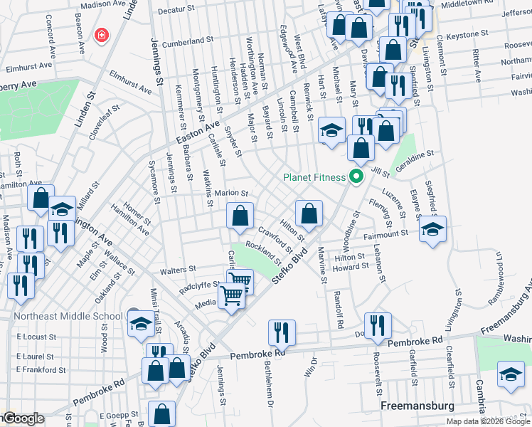 map of restaurants, bars, coffee shops, grocery stores, and more near 943 Crawford Street in Bethlehem