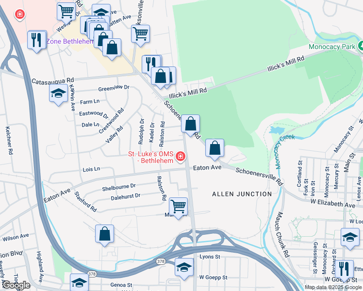 map of restaurants, bars, coffee shops, grocery stores, and more near 1541 8th Avenue in Bethlehem