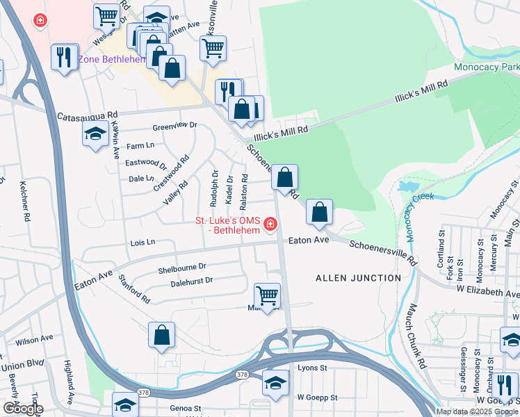 map of restaurants, bars, coffee shops, grocery stores, and more near 1510 Ralston Road in Bethlehem