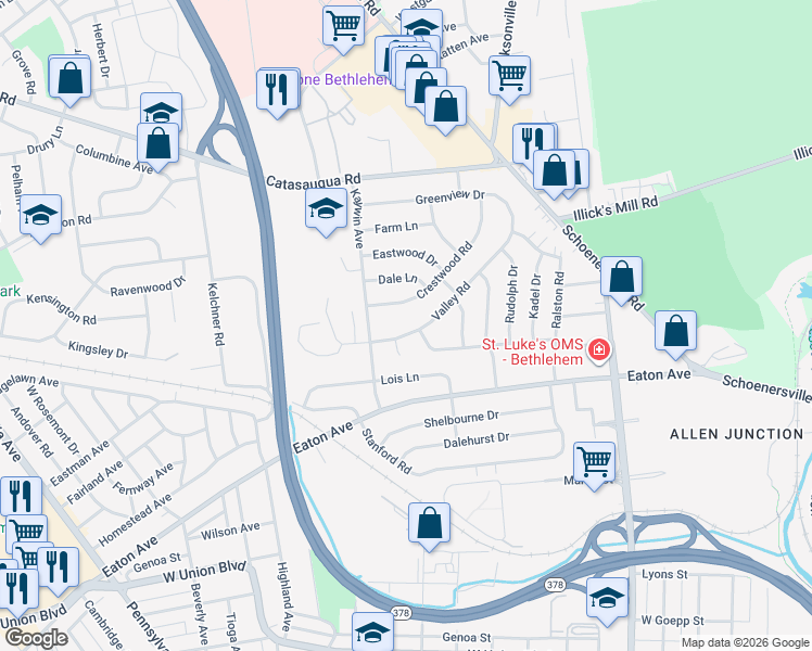 map of restaurants, bars, coffee shops, grocery stores, and more near 1559 Valley Road in Bethlehem