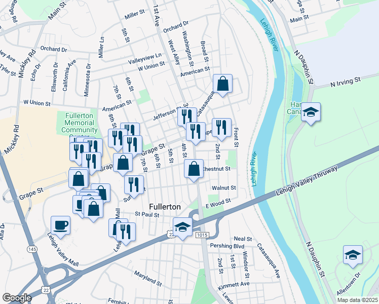 map of restaurants, bars, coffee shops, grocery stores, and more near 856 3rd Street in Fullerton