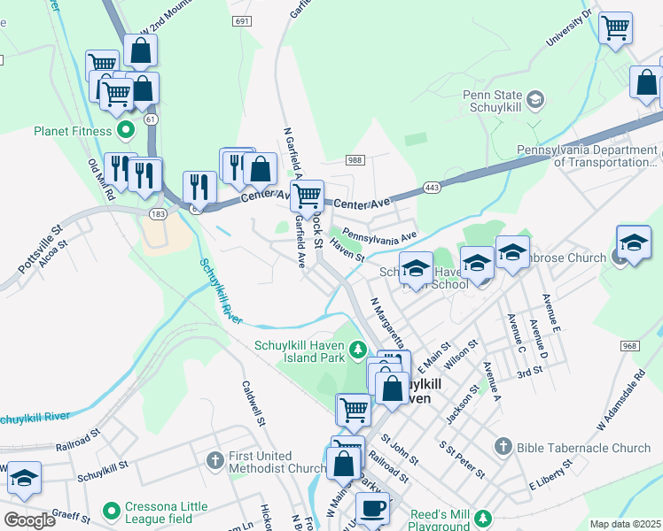 map of restaurants, bars, coffee shops, grocery stores, and more near 252 Dock Street in Schuylkill Haven