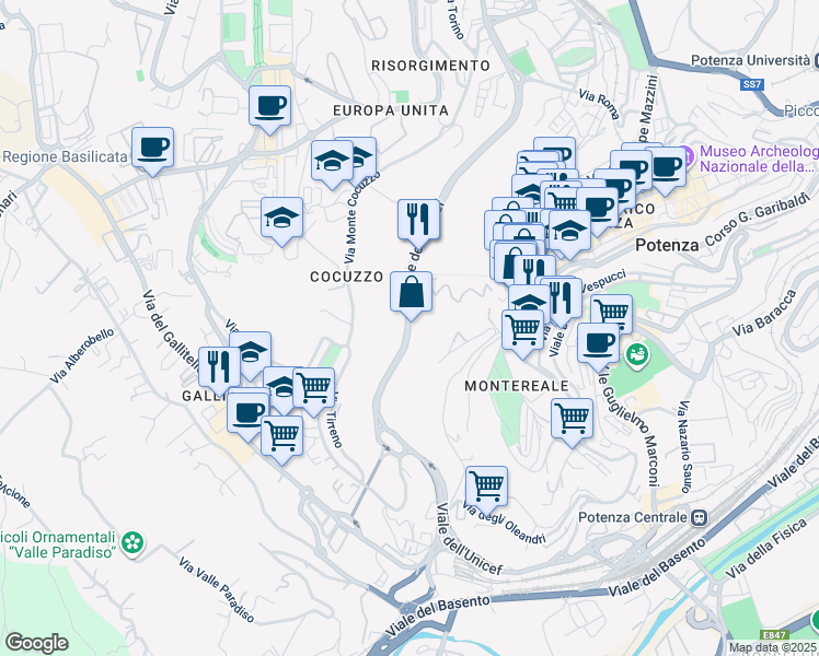 map of restaurants, bars, coffee shops, grocery stores, and more near Via dell'Unicef in Potenza