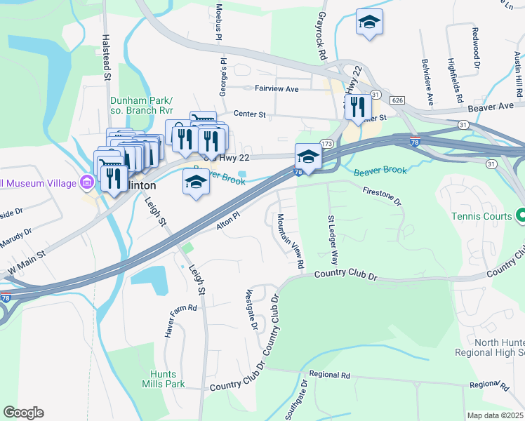 map of restaurants, bars, coffee shops, grocery stores, and more near 28 Rolling Hill Road in Clinton