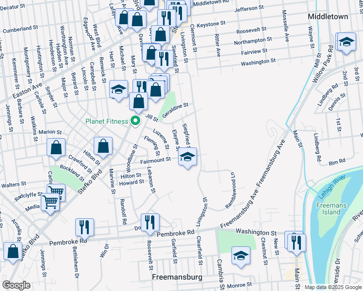 map of restaurants, bars, coffee shops, grocery stores, and more near 1528 Elayne Street in Bethlehem