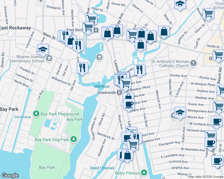 map of restaurants, bars, coffee shops, grocery stores, and more near 40 Union Place in Oceanside