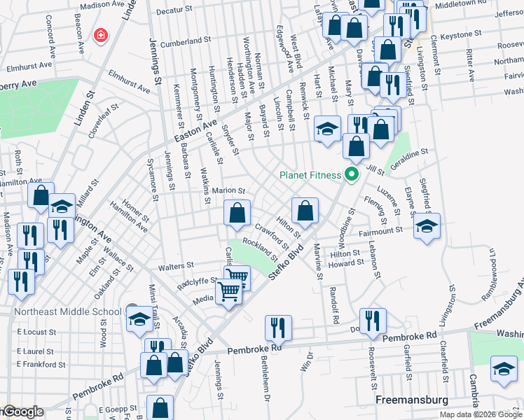 map of restaurants, bars, coffee shops, grocery stores, and more near 943 Crawford Street in Bethlehem