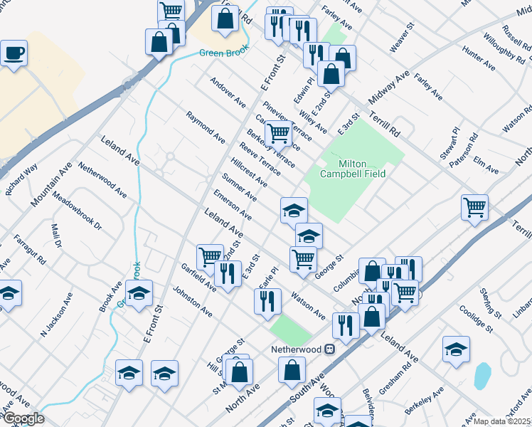 map of restaurants, bars, coffee shops, grocery stores, and more near 221 Emerson Avenue in Plainfield