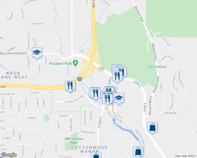 map of restaurants, bars, coffee shops, grocery stores, and more near 6330 South 3000 East in Salt Lake City