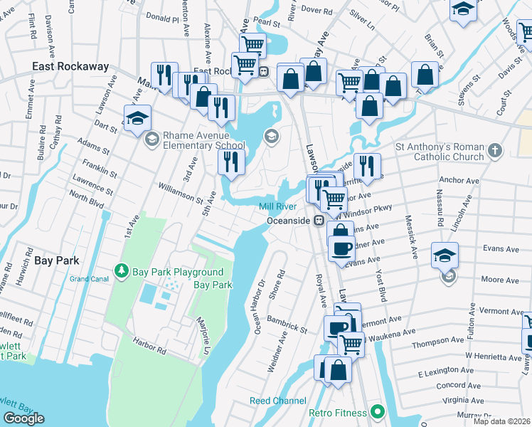 map of restaurants, bars, coffee shops, grocery stores, and more near 18 James Street in East Rockaway
