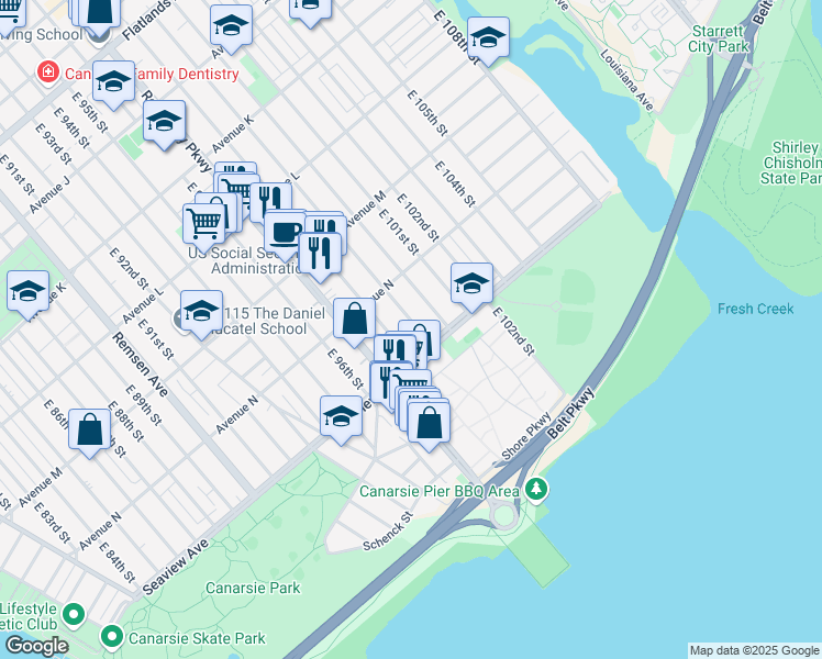 map of restaurants, bars, coffee shops, grocery stores, and more near 9823 Seaview Avenue in Brooklyn