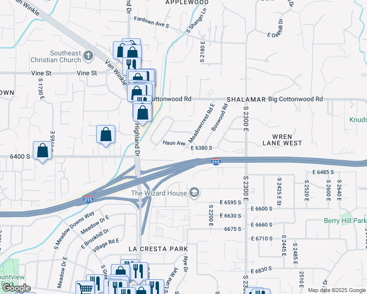 map of restaurants, bars, coffee shops, grocery stores, and more near 6378 Meadowcrest Road East in Salt Lake City