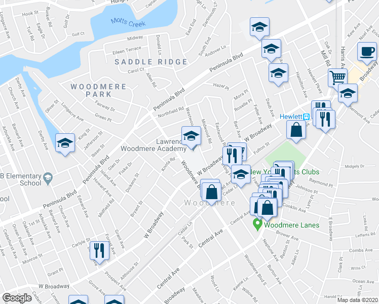 map of restaurants, bars, coffee shops, grocery stores, and more near 366 Woodmere Boulevard in Woodmere