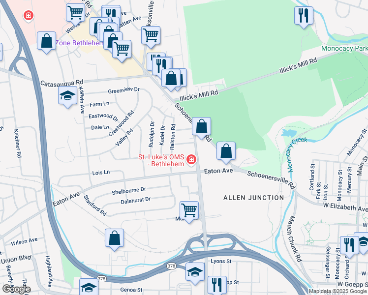 map of restaurants, bars, coffee shops, grocery stores, and more near 1510 Ralston Road in Bethlehem