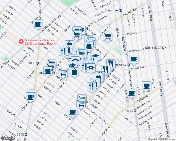 map of restaurants, bars, coffee shops, grocery stores, and more near 1465 45th Street in Brooklyn