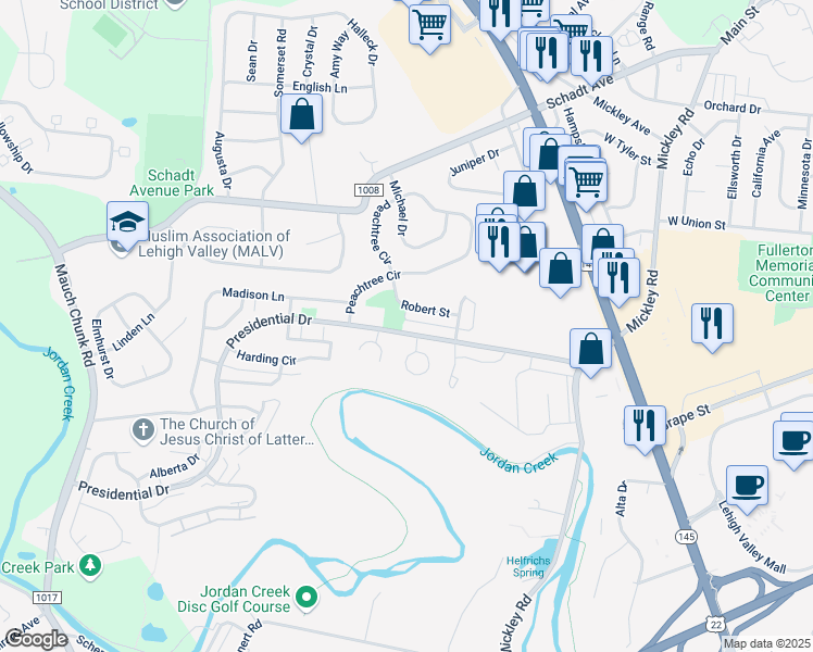 map of restaurants, bars, coffee shops, grocery stores, and more near 1416 Presidential Drive in Fullerton