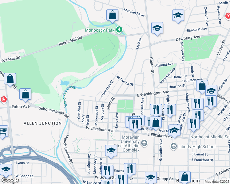 map of restaurants, bars, coffee shops, grocery stores, and more near 1609 Main Street in Bethlehem