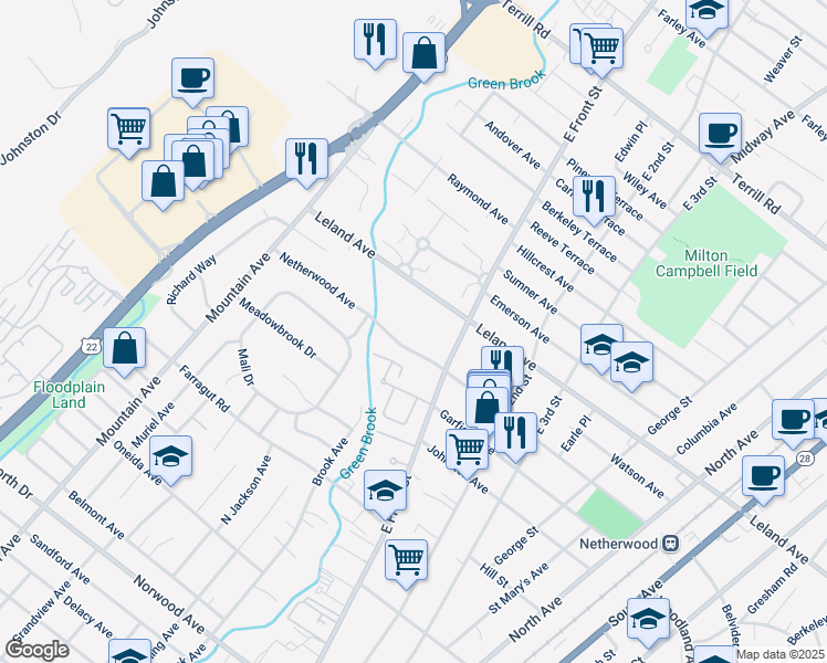map of restaurants, bars, coffee shops, grocery stores, and more near 34 Netherwood Avenue in Plainfield