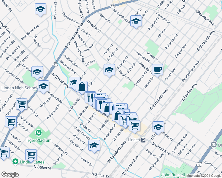 map of restaurants, bars, coffee shops, grocery stores, and more near 506 Washington Avenue in Linden