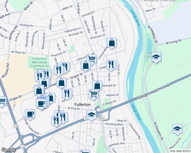 map of restaurants, bars, coffee shops, grocery stores, and more near 870 3rd Street in Fullerton