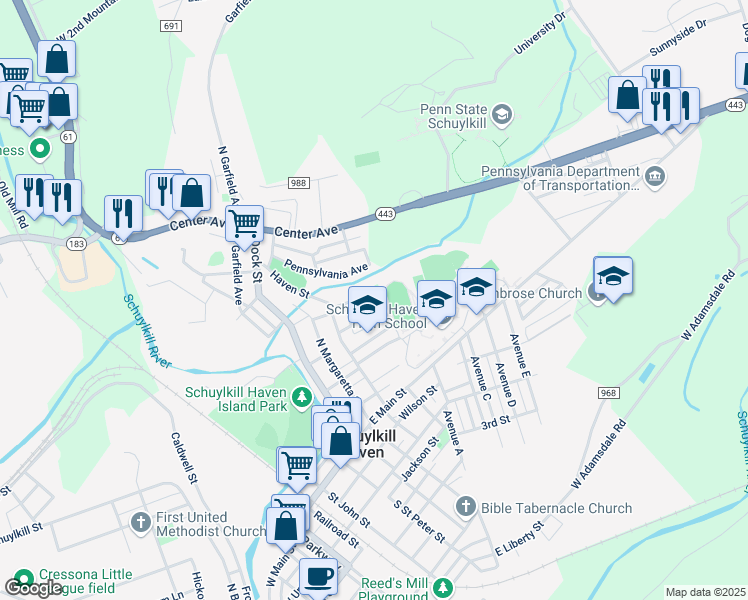 map of restaurants, bars, coffee shops, grocery stores, and more near 433 Naffin Street in Schuylkill Haven